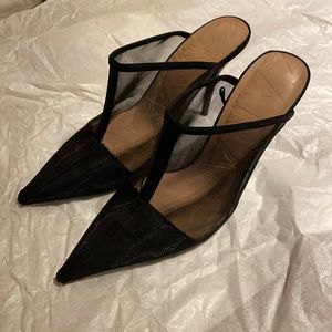 Super pointy black mesh heels